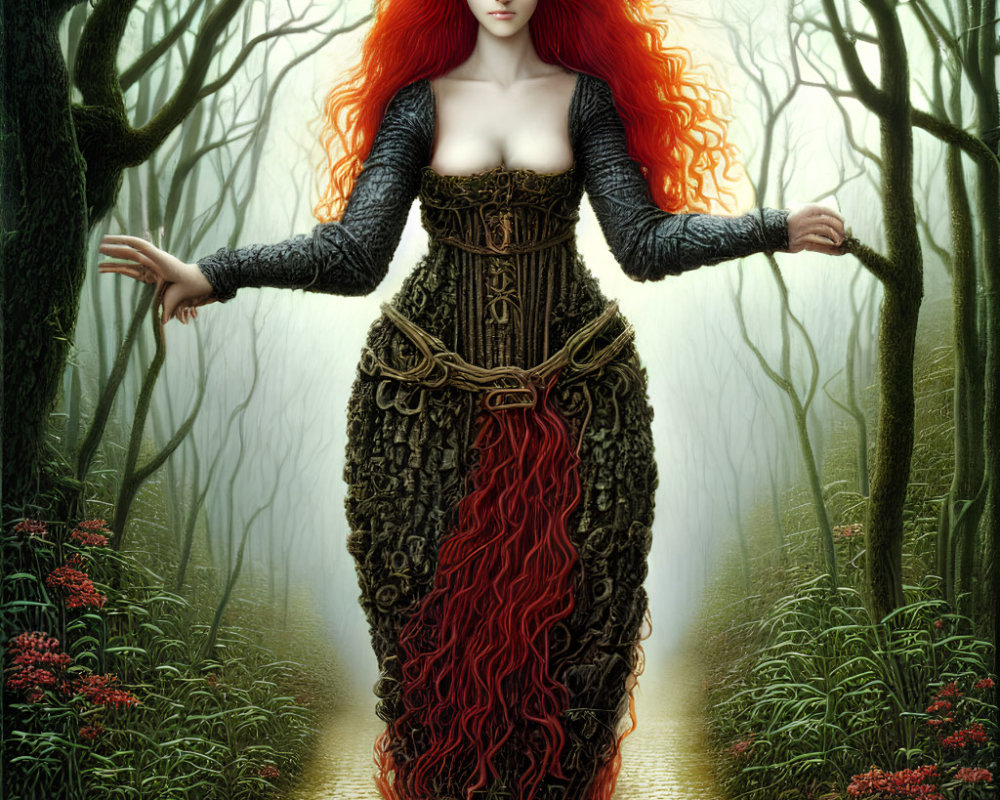 Woman with Long Red Hair in Forest Path with Red Flowers