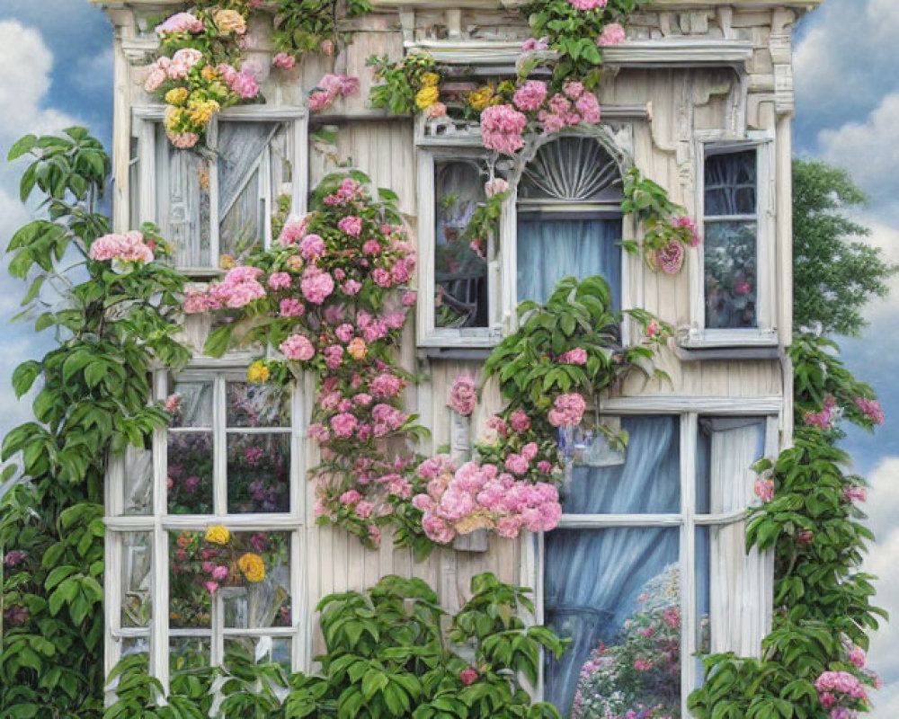 Charming two-story house with lush roses under blue sky