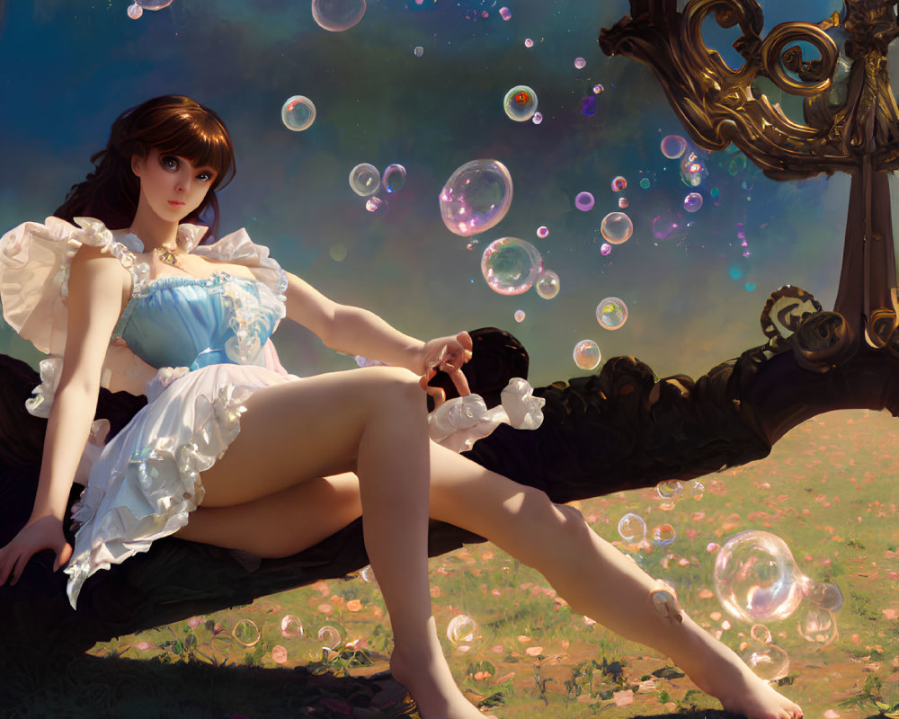 Young woman in vintage dress on bench with soap bubbles and whimsical sky