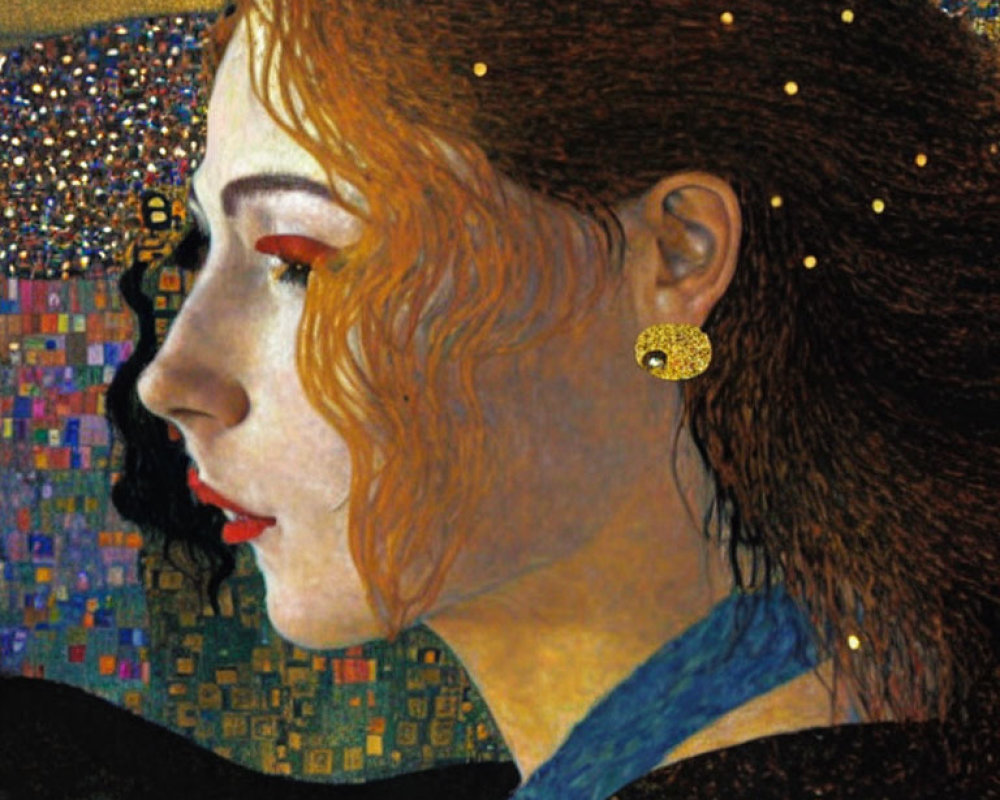 Close-up of stylized portrait: Woman with red hair, golden earring, colorful mosaic background