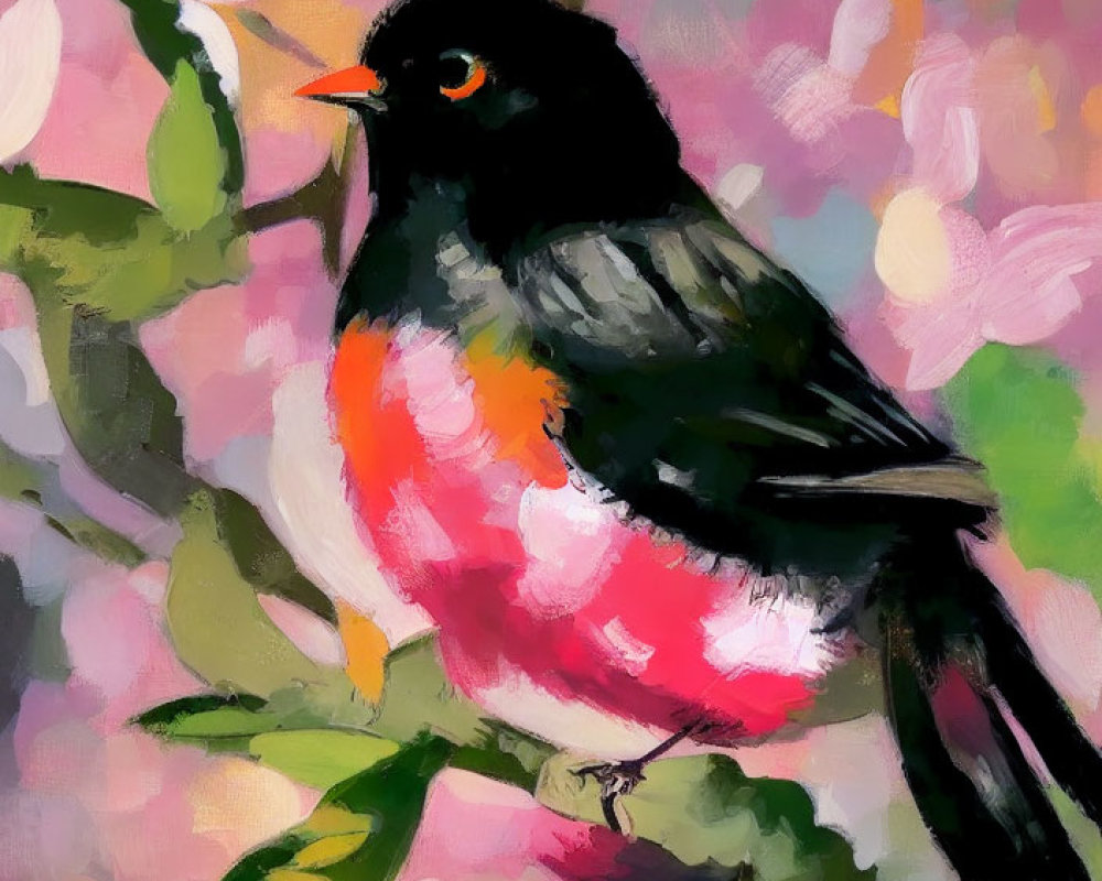 Colorful impressionistic painting of bird on branch with pink blooms