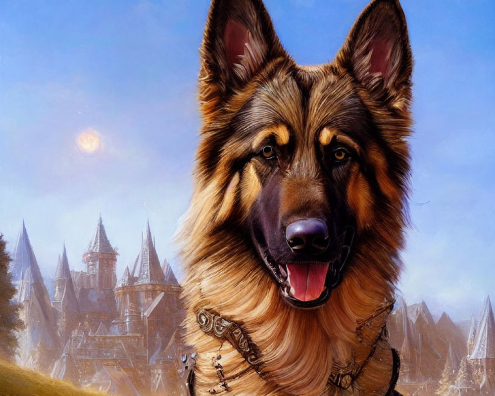 Digital artwork: German Shepherd in armor with medieval town and two moons