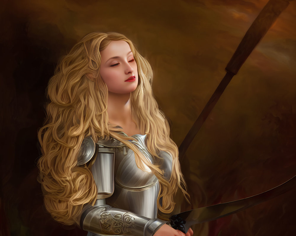 Blonde woman in silver armor holding sword against warm background