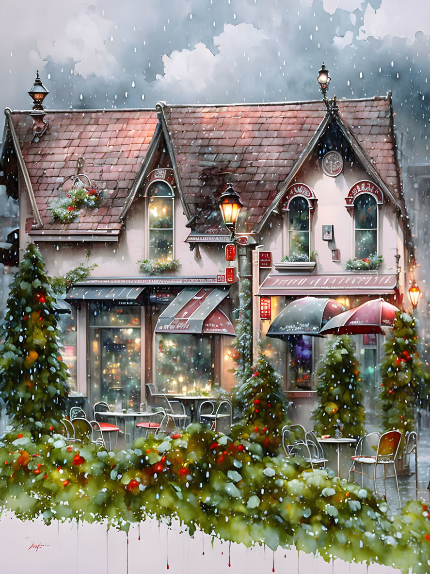 Snow-covered Christmas cafe with festive decorations and warm lights