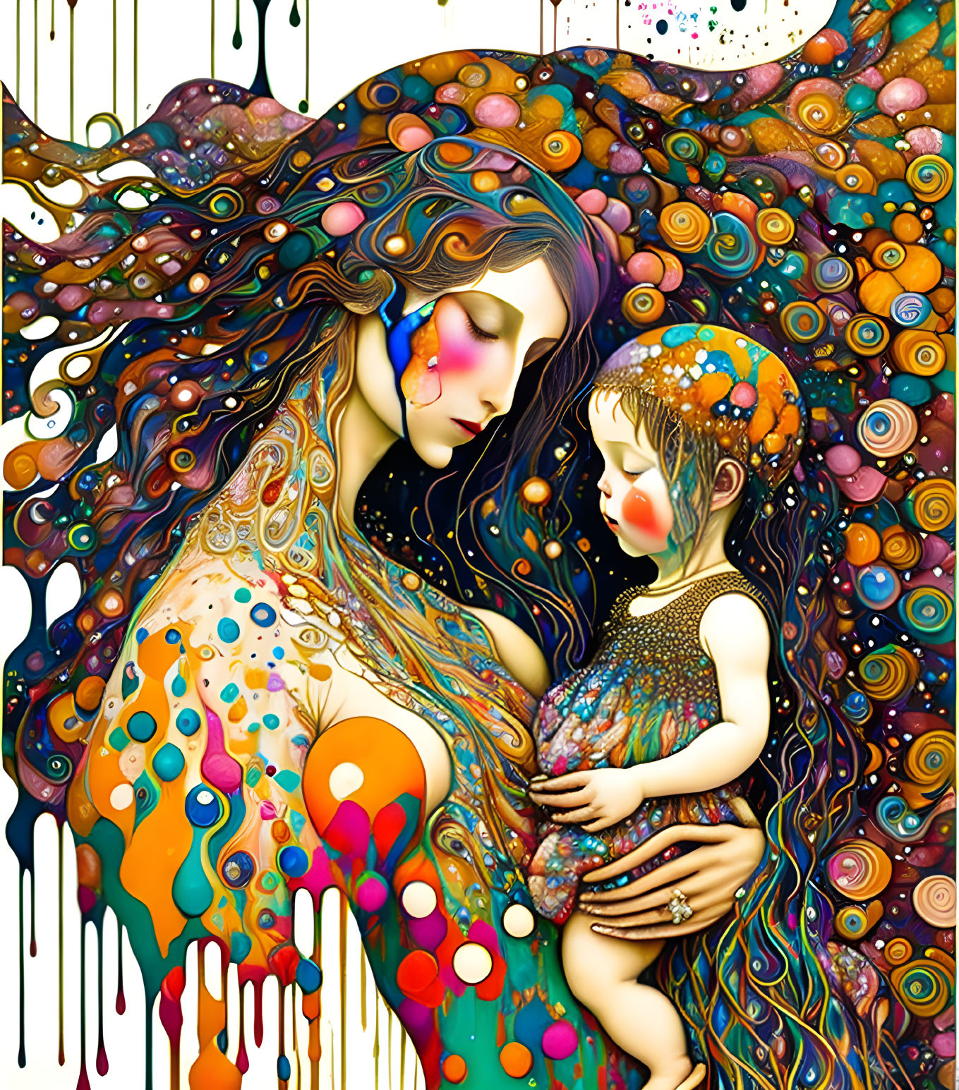 Colorful illustration of woman and child with flowing, multicolored hair and patterns