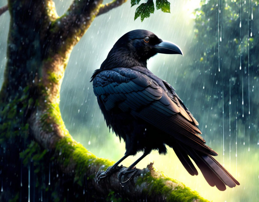 Crow perched on mossy branch in rain-soaked sunlit forest