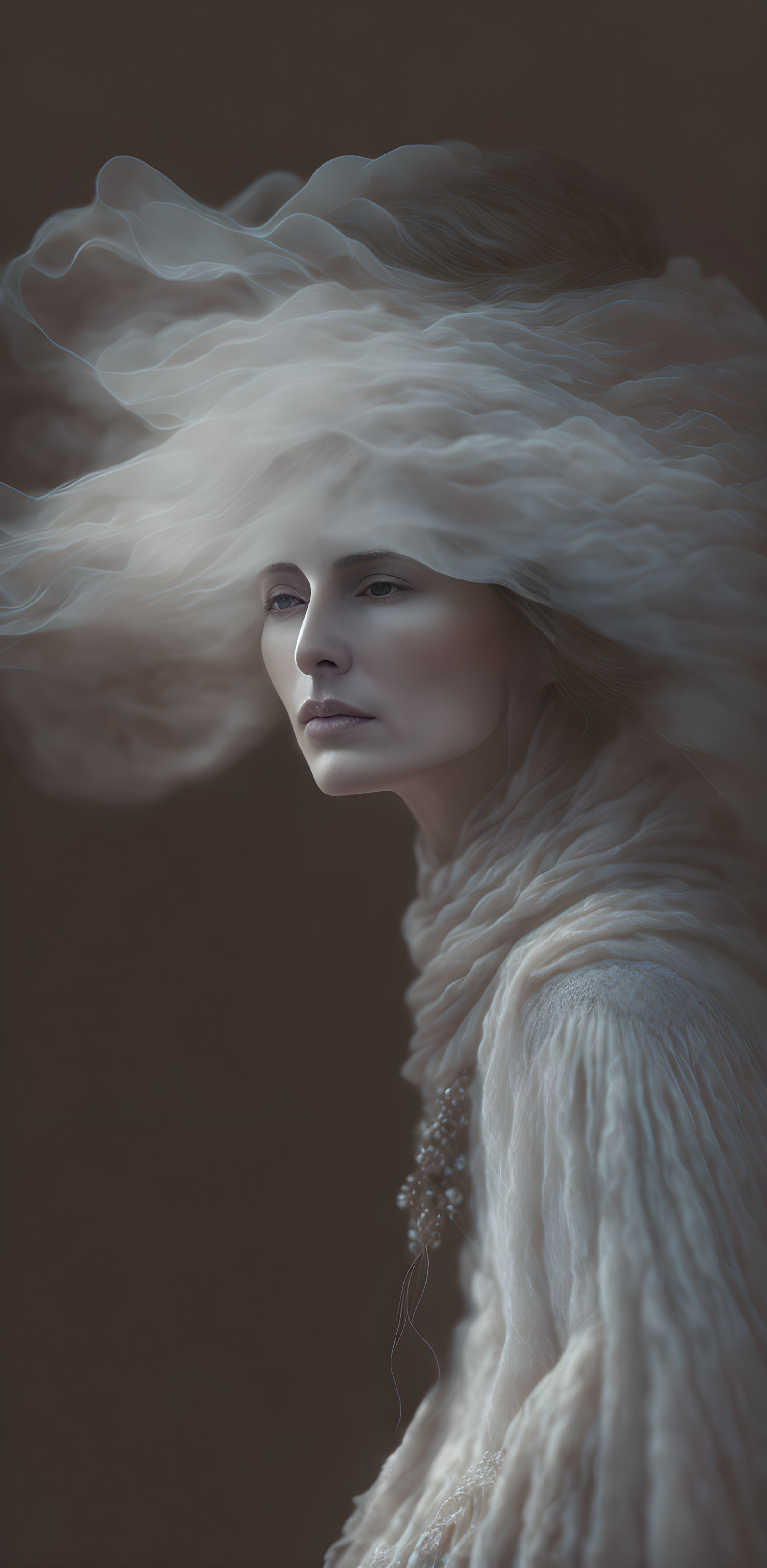 Ethereal woman with flowing hair in dark background