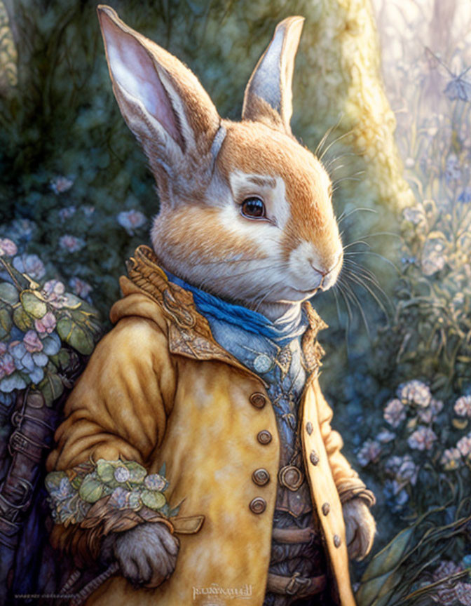 Anthropomorphic rabbit in yellow coat with blue scarf against forest.