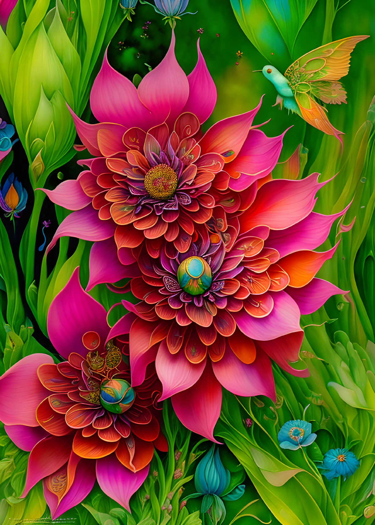 Colorful digital artwork of pink and red flowers, green foliage, insects, and a hummingbird.