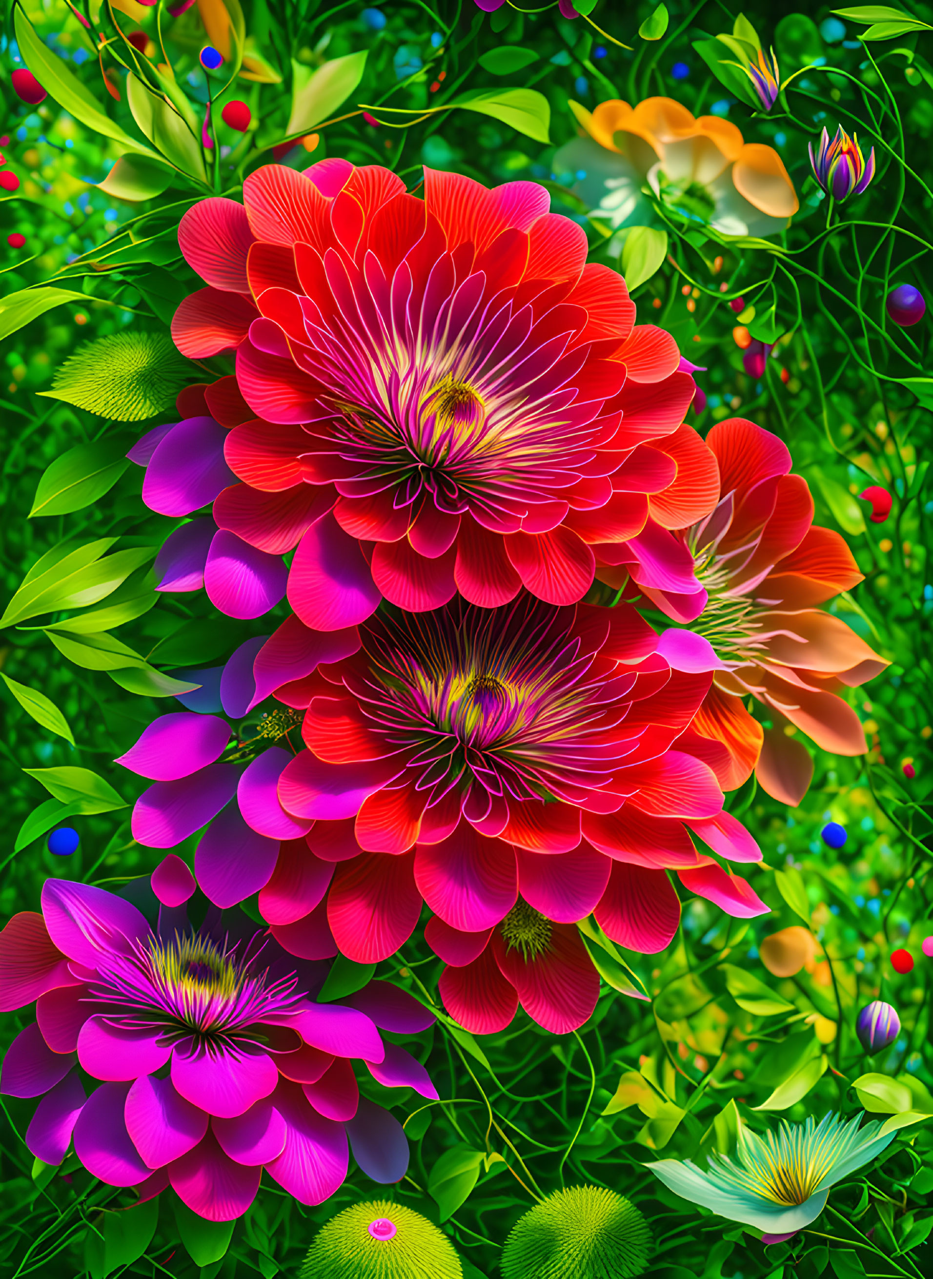 Colorful digital artwork: Large red and pink flowers with smaller multicolored flora on green background