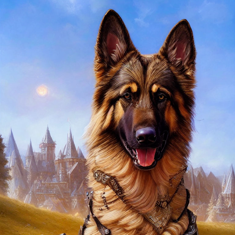 Digital artwork: German Shepherd in armor with medieval town and two moons