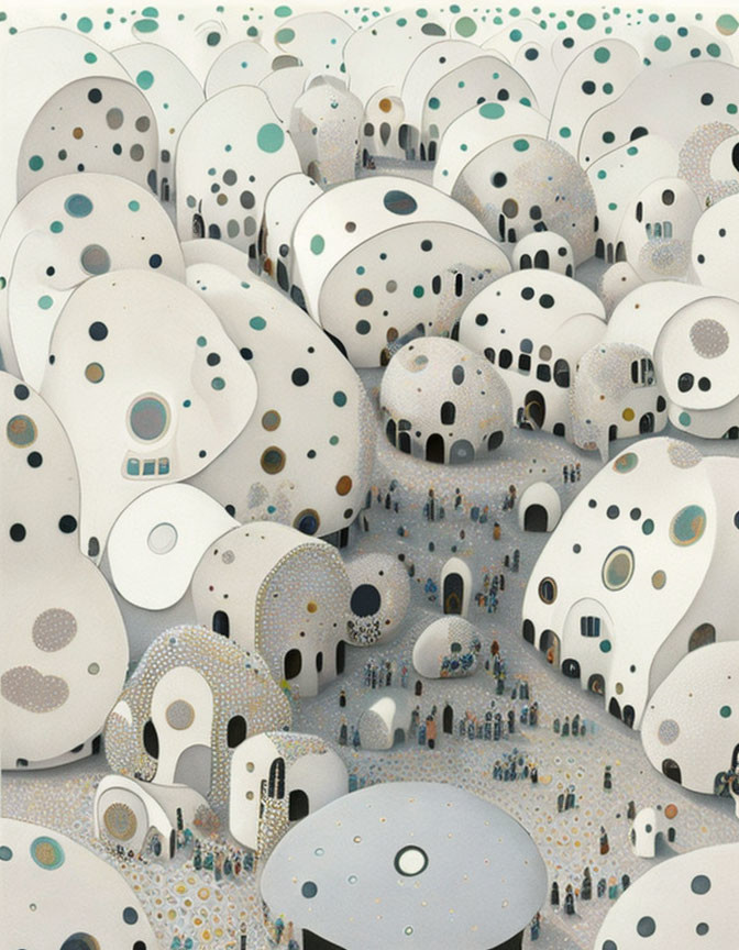 Futuristic cityscape with dome-shaped buildings and circular patterns