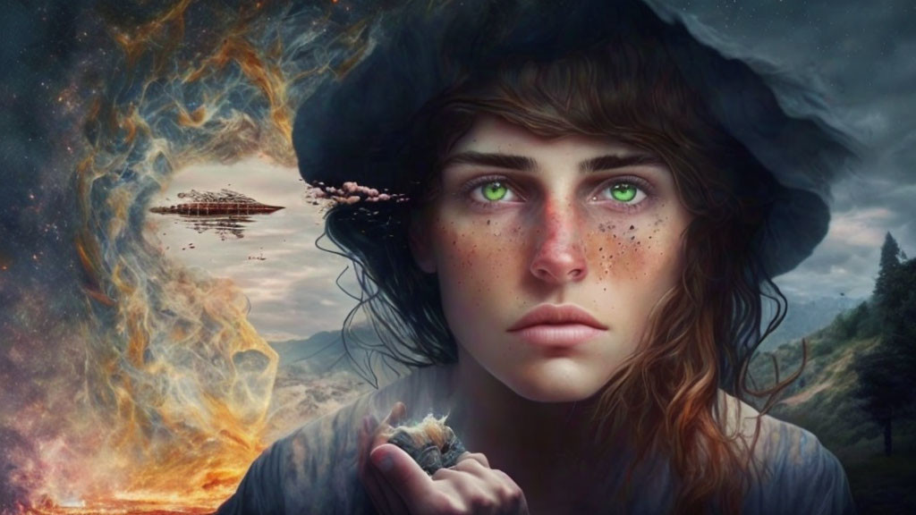 Surreal portrait featuring person with green eyes, freckles, black hat, fiery explosion,