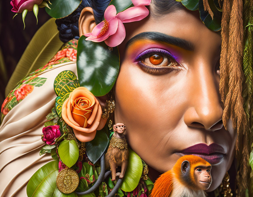 Colorful Makeup Woman Portrait with Flowers, Leaves, and Monkey