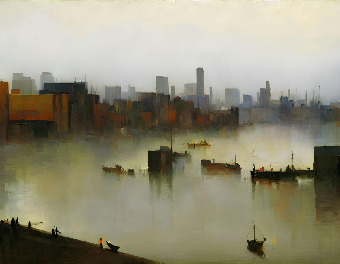 Foggy cityscape waterfront with boats and buildings in warm tones