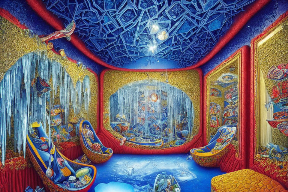 Surreal room with blue ceilings, golden walls, aquatic motifs