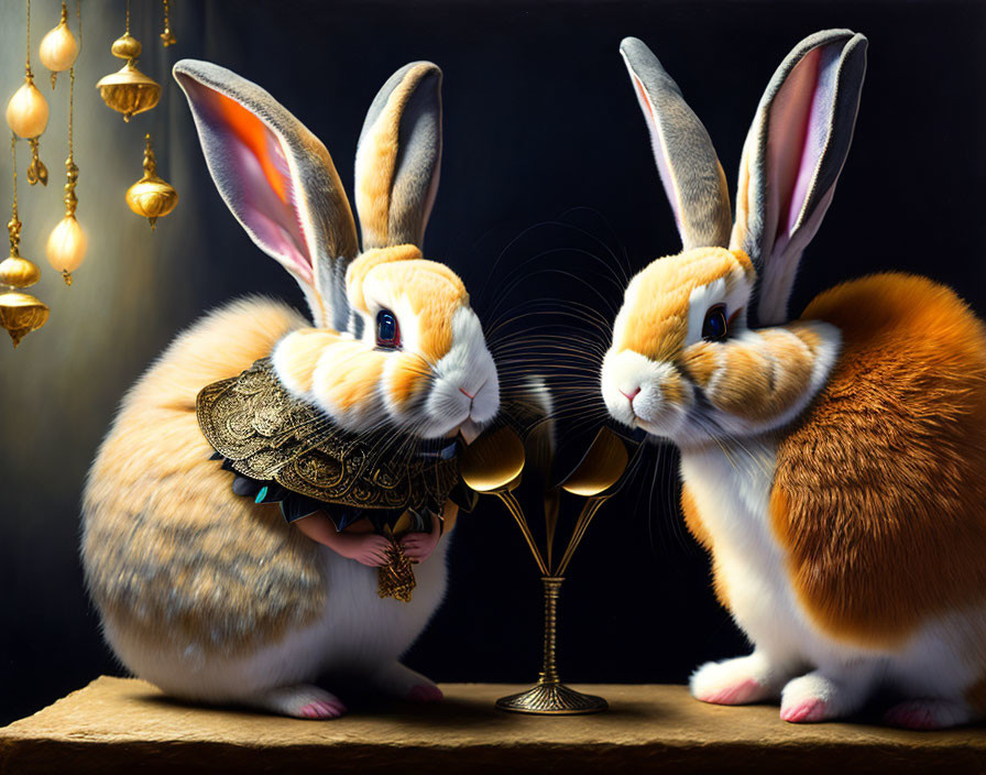 Anthropomorphized rabbits in elegant attire clinking golden goblets