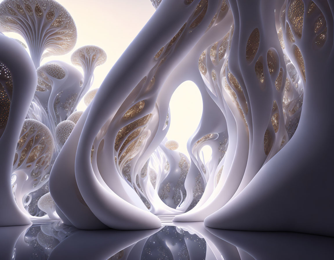 Abstract digital artwork: Smooth bone-like structures with intricate patterns in otherworldly landscape