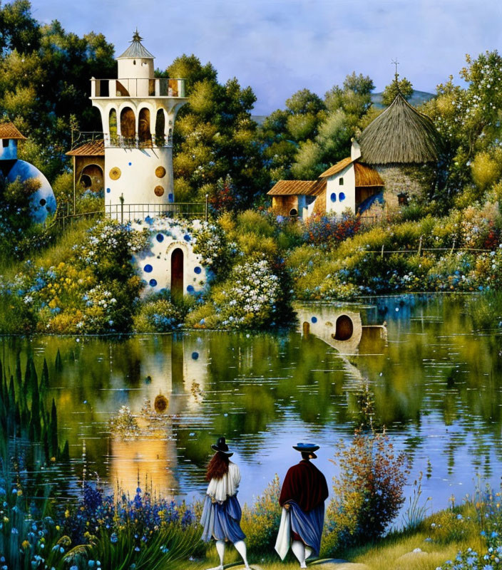 Scenic landscape with lake, traditional houses, lush flora, blue-and-white tower