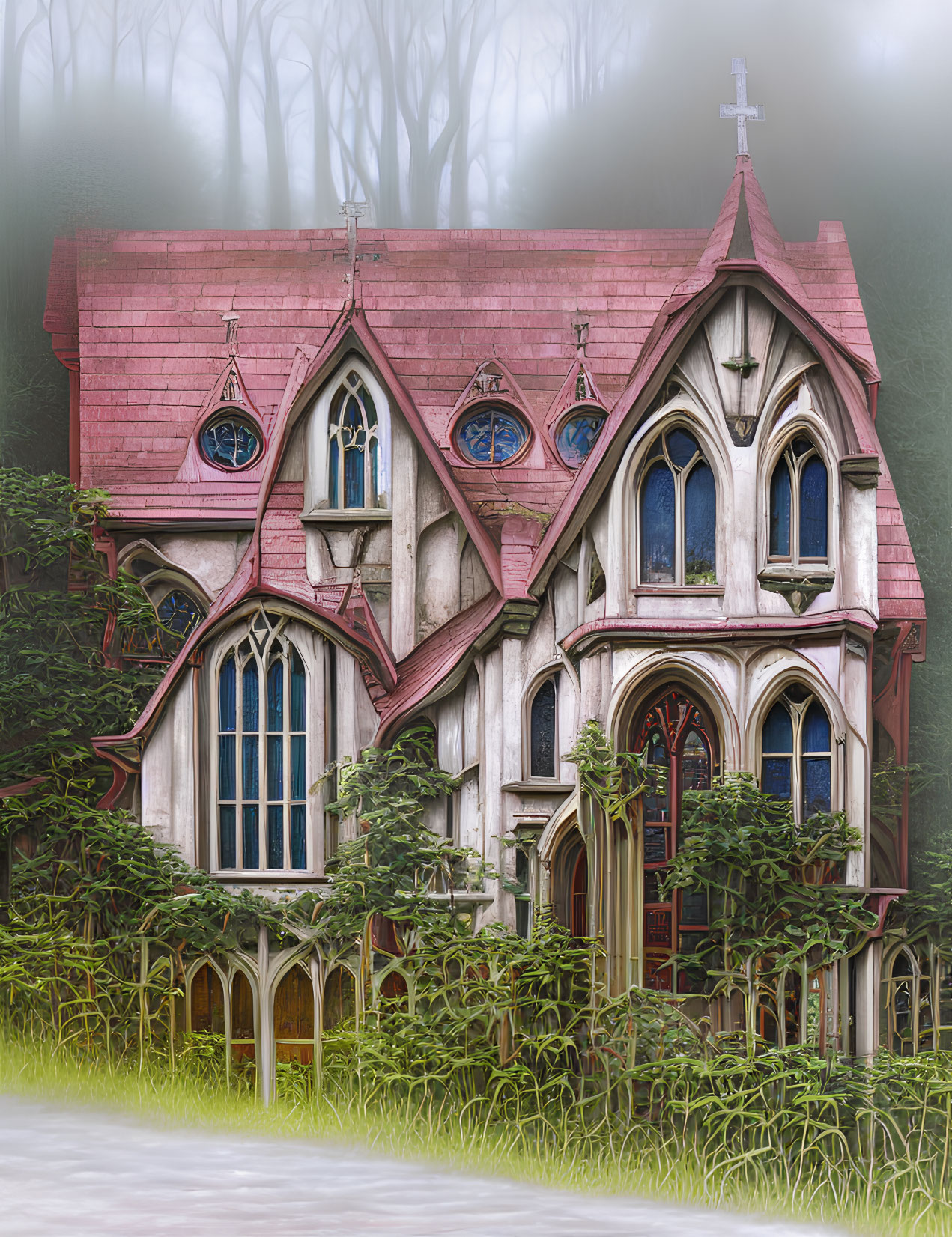 Victorian-style House with Gothic Windows and Reddish Roof in Lush Greenery