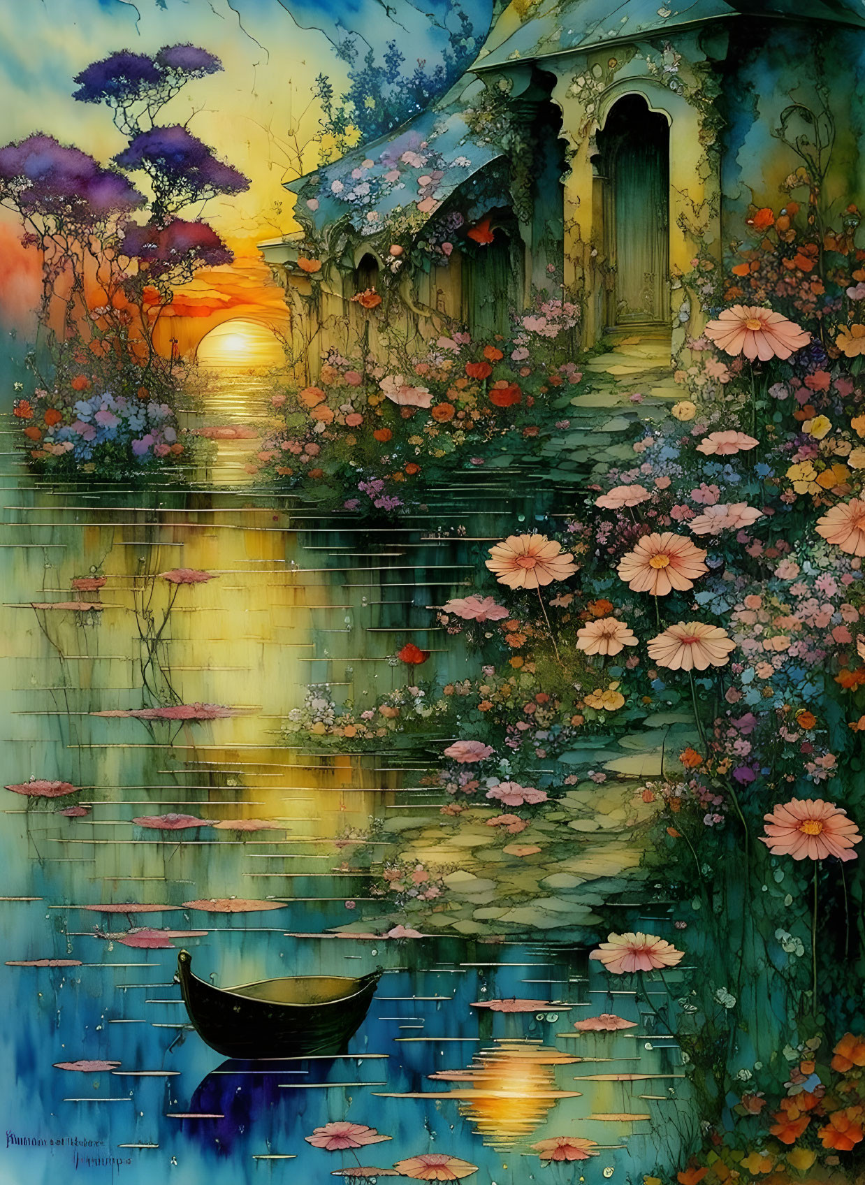 Serene sunset painting of flower-covered cottage by lake