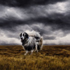 Black and white dog on moor under stormy sky with lightning strike