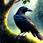 Crow perched on mossy branch in rain-soaked sunlit forest