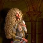 Blonde woman in silver armor holding sword against warm background