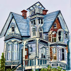 Whimsical Victorian house illustration with vibrant colors