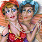 Vintage-style illustrated women with bold makeup and accessories in red and blue.