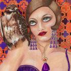 Art Deco Style Woman with Hawk in Red and Purple Patterns