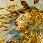 Serene Portrait of a Woman with Golden Hair and Leaves