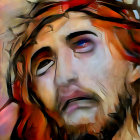 Man with sorrowful expression wearing crown of thorns in blurred background.