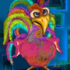 Multicolored animated bird with orange feathers on blue background