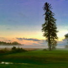 Serene landscape watercolor painting with tall tree and sunset sky