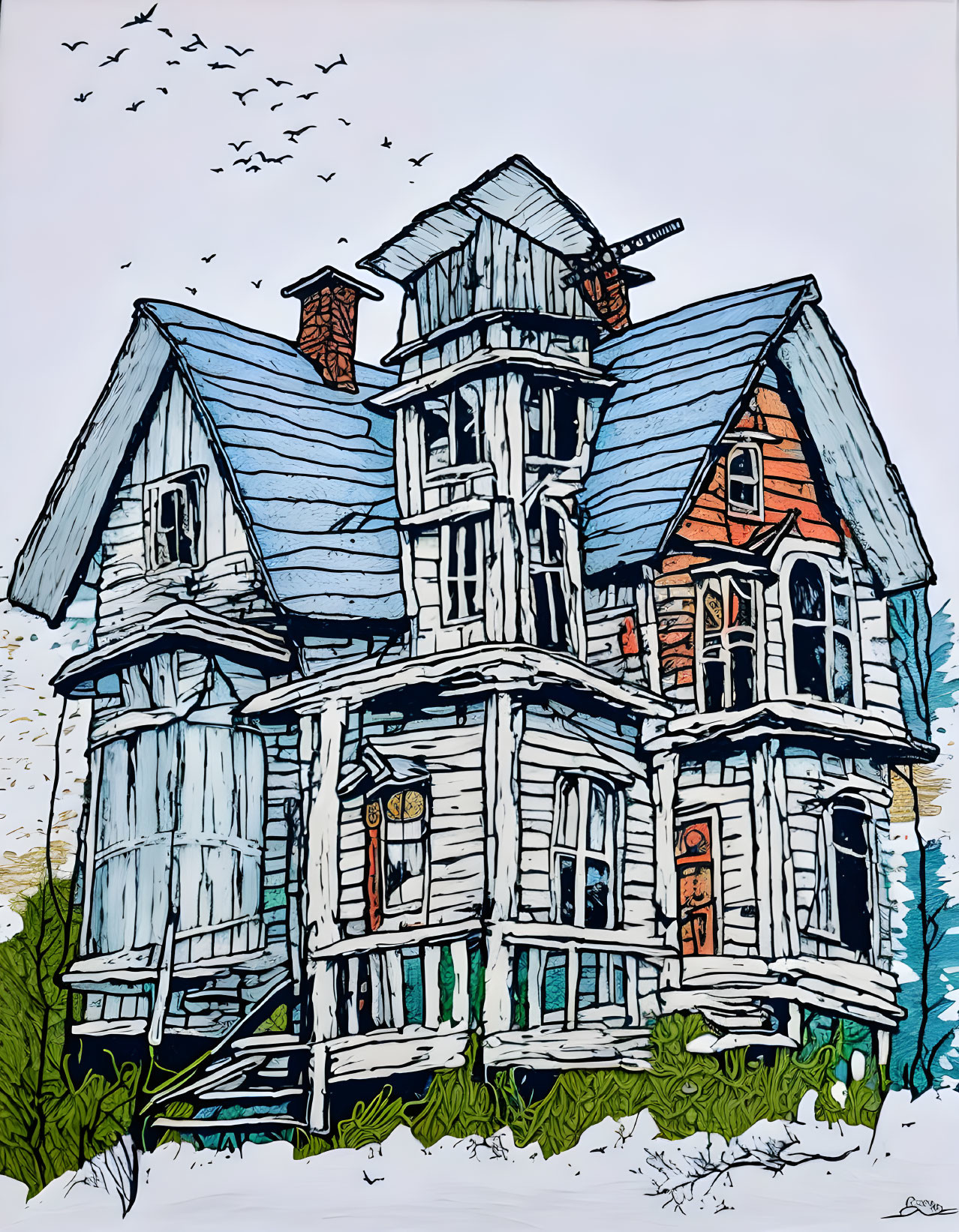 Whimsical Victorian house illustration with vibrant colors