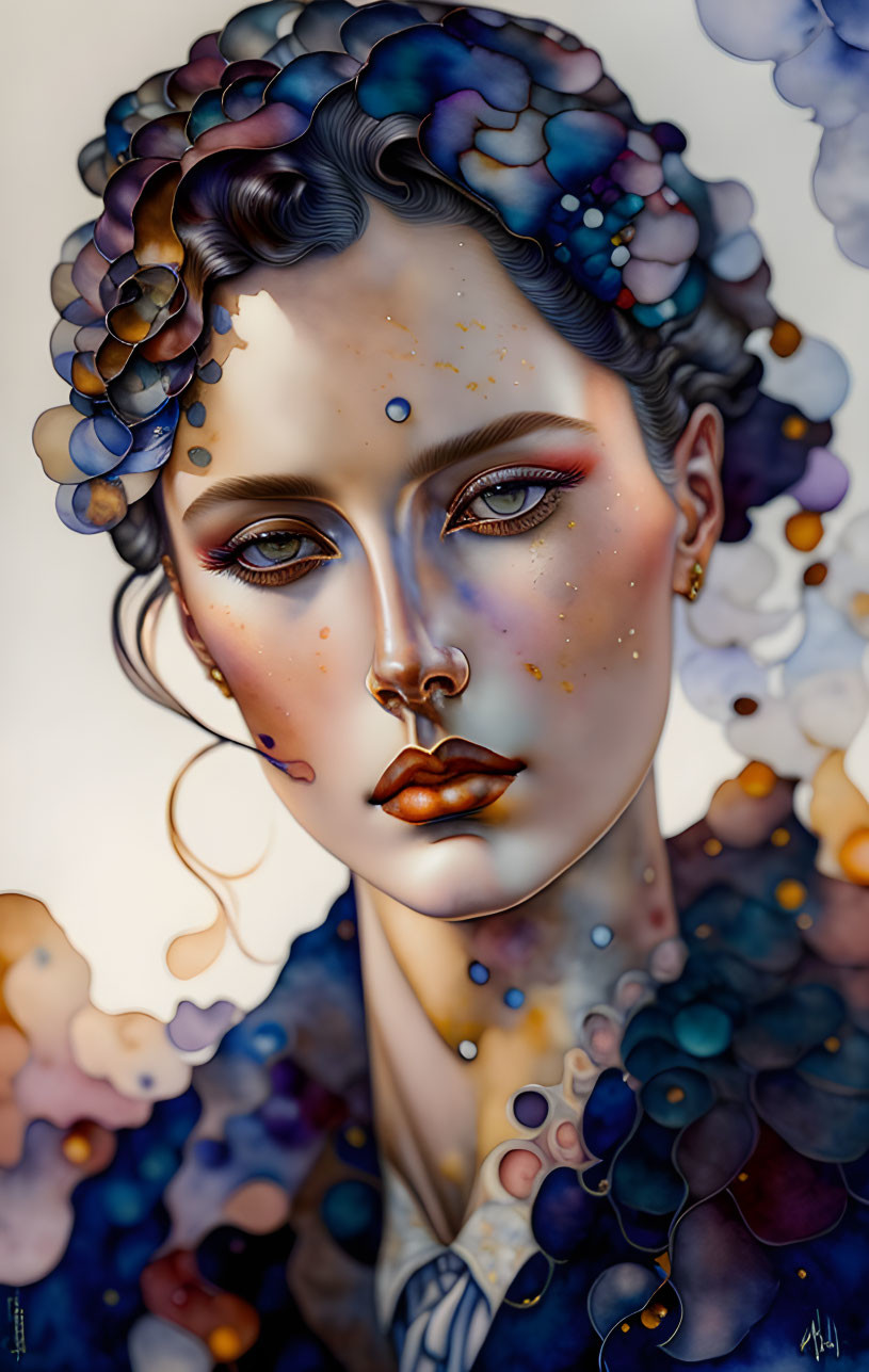 Surreal woman with colorful bubble hair and speckled complexion