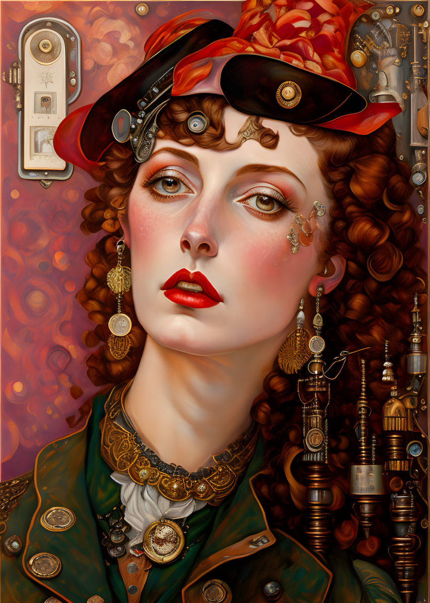 Steampunk-themed woman portrait with intricate curls and mechanical accessories