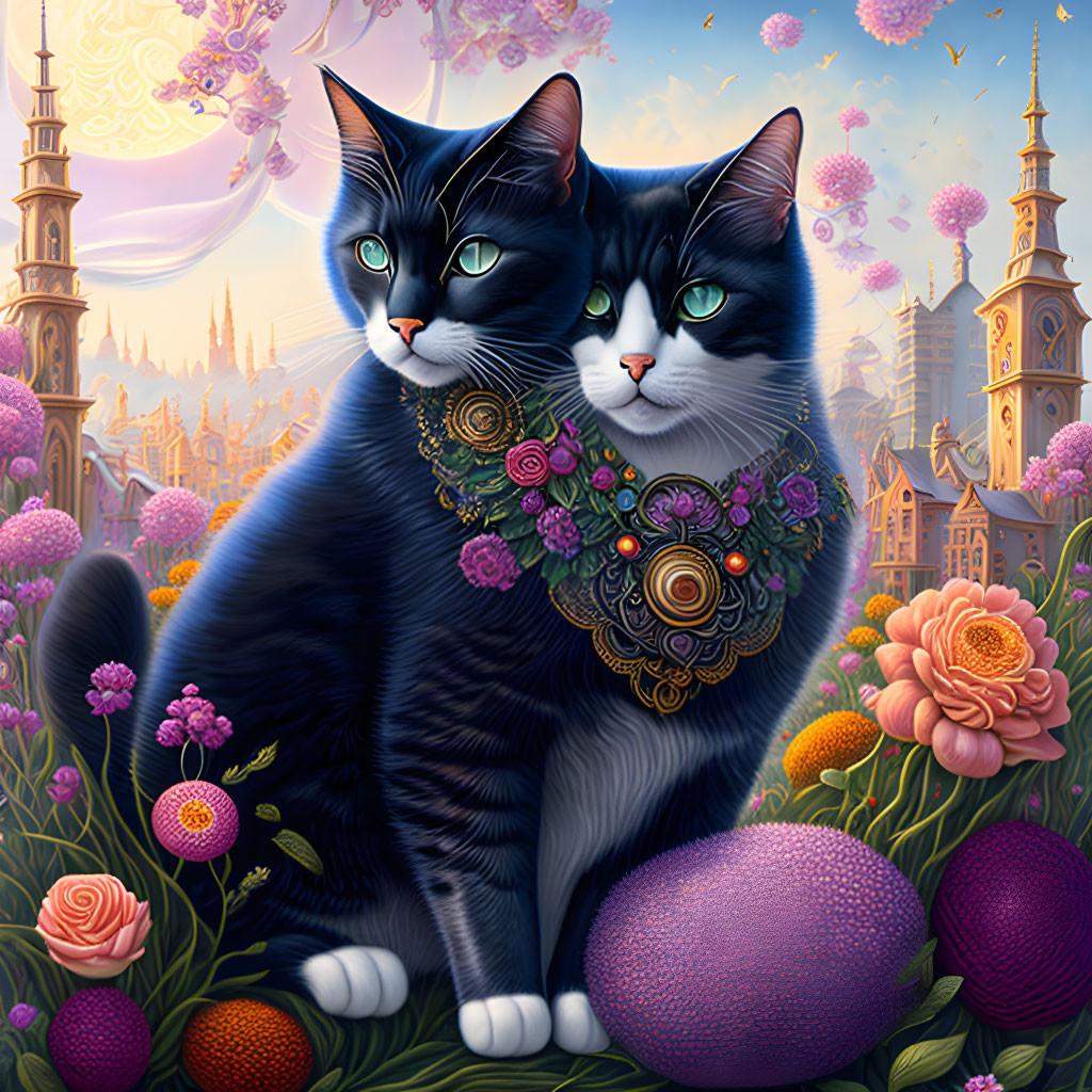 Ornately adorned cats in fantastical garden with colorful flowers and whimsical architecture