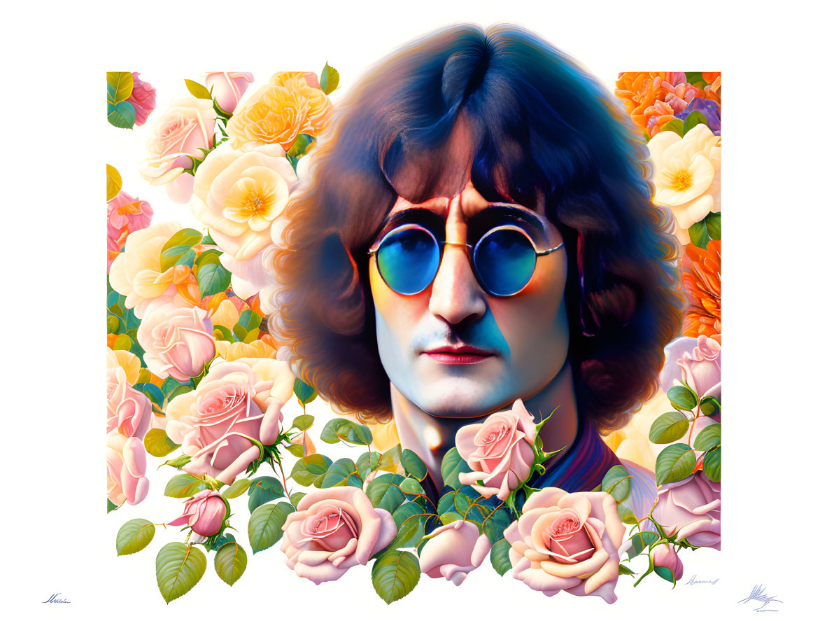 Vibrant portrait of man with blue sunglasses and roses on white background