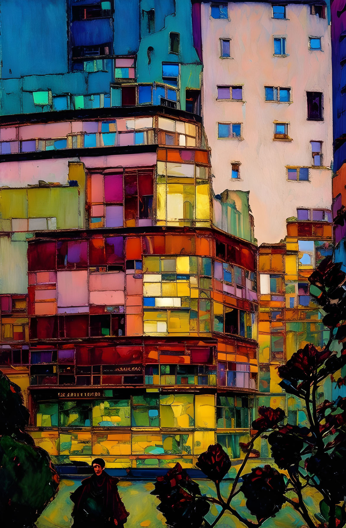 Colorful Painting of Urban Street with Modern Buildings and Solitary Figure