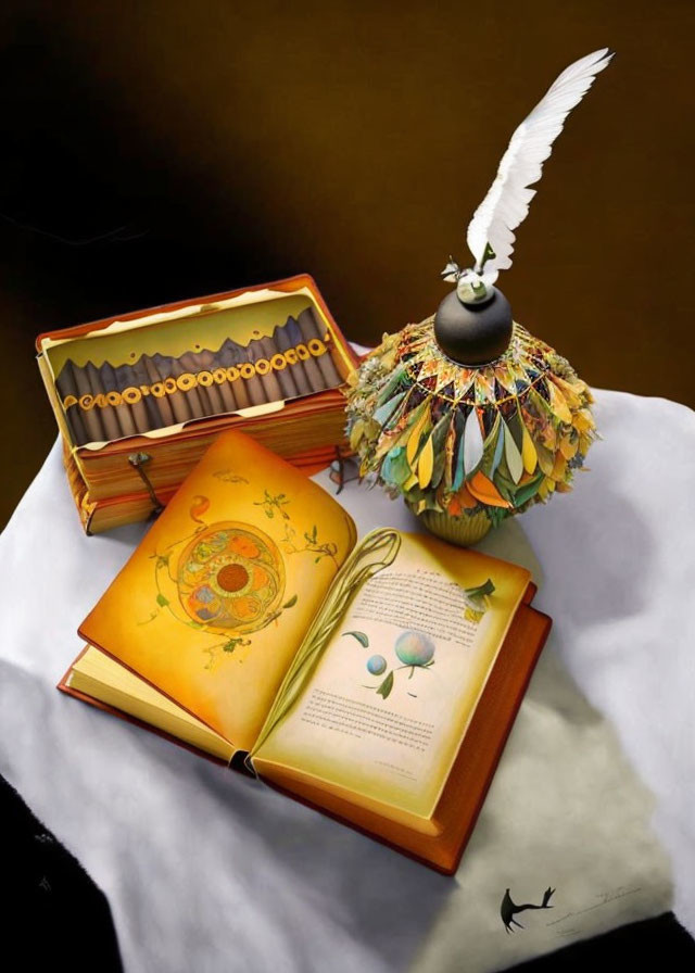 Open book with floral illustrations, feather quill, and decorative sphere on table