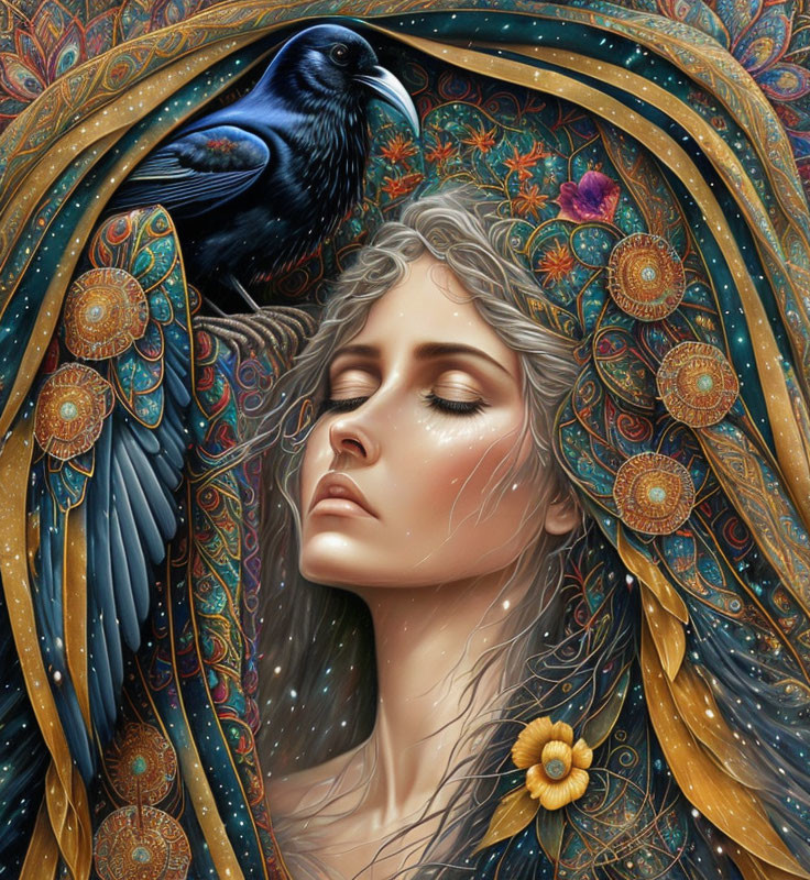 Serene woman with closed eyes surrounded by ornate details and raven in vibrant colors.