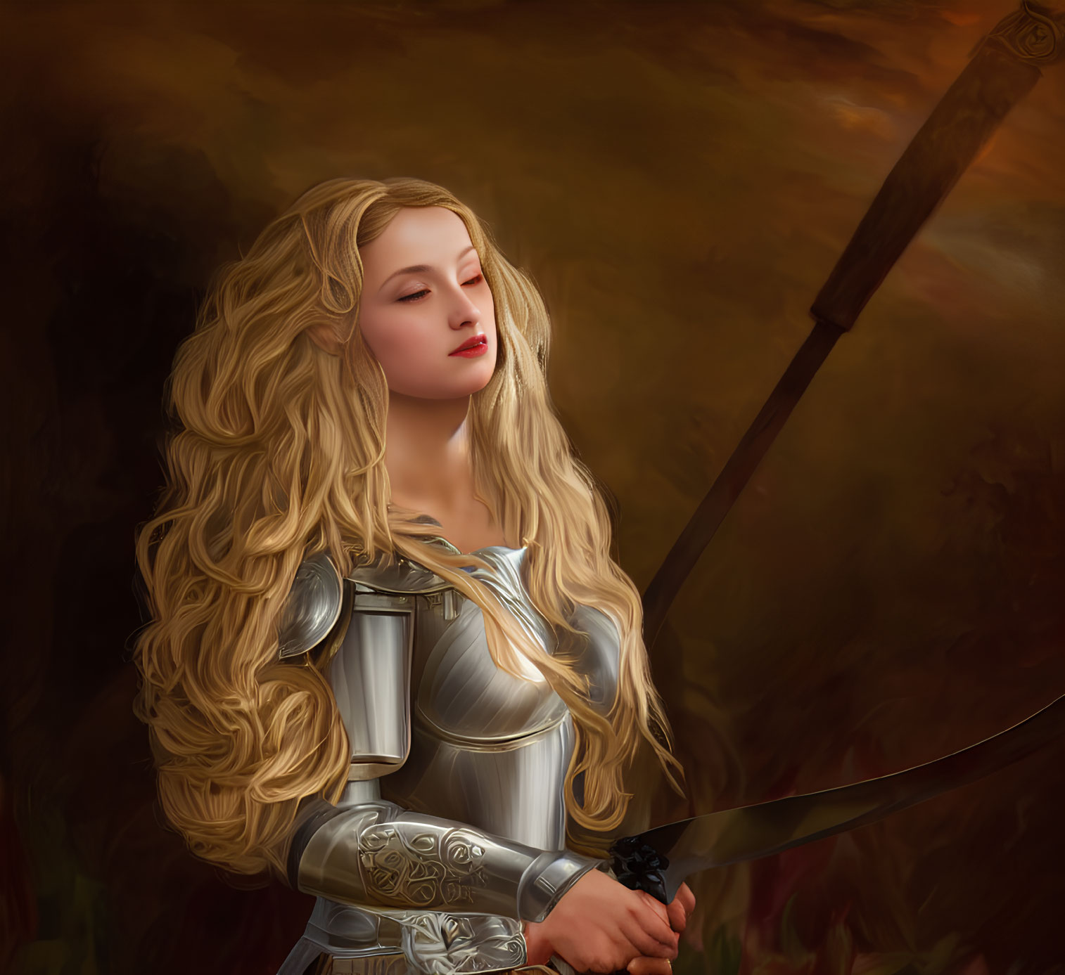 Blonde woman in silver armor holding sword against warm background