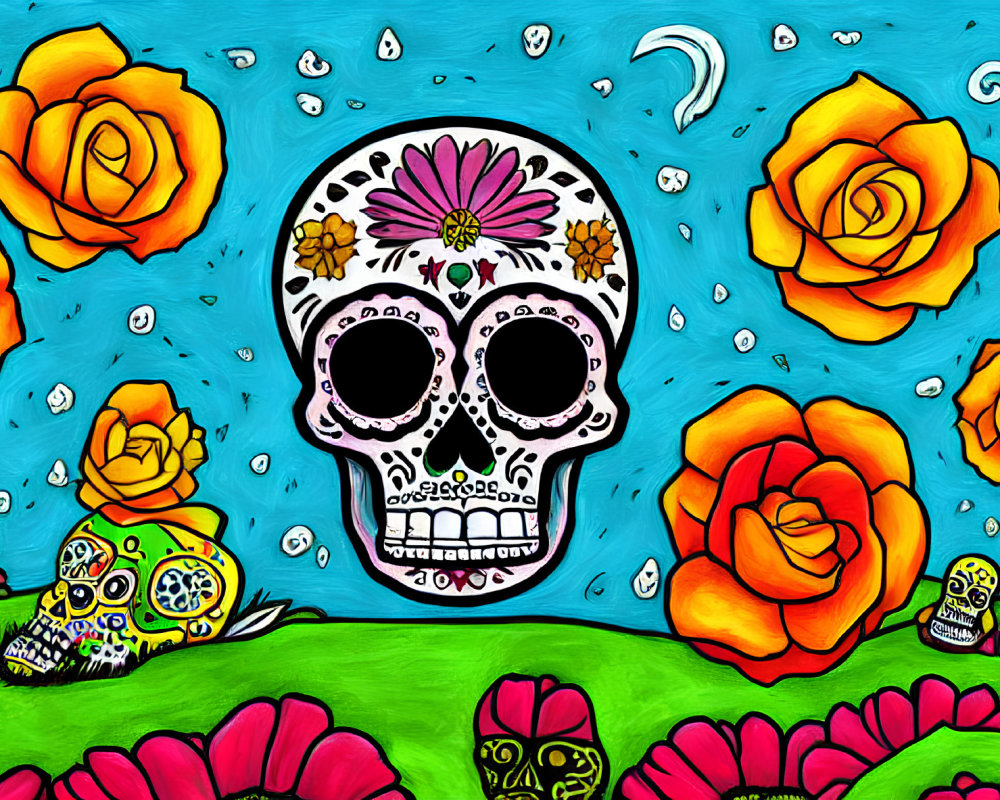 Colorful Day of the Dead Artwork with Skulls and Flowers on Blue Background