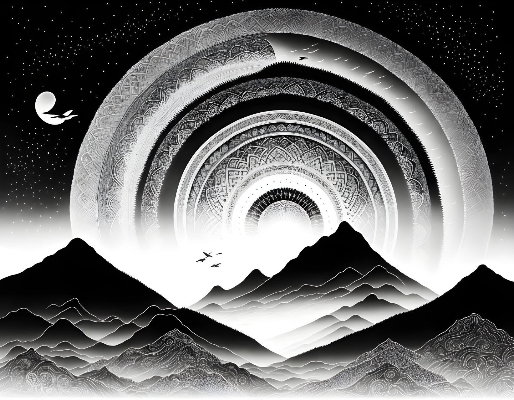 Monochrome mountain landscape with circular sky patterns and crescent moon.