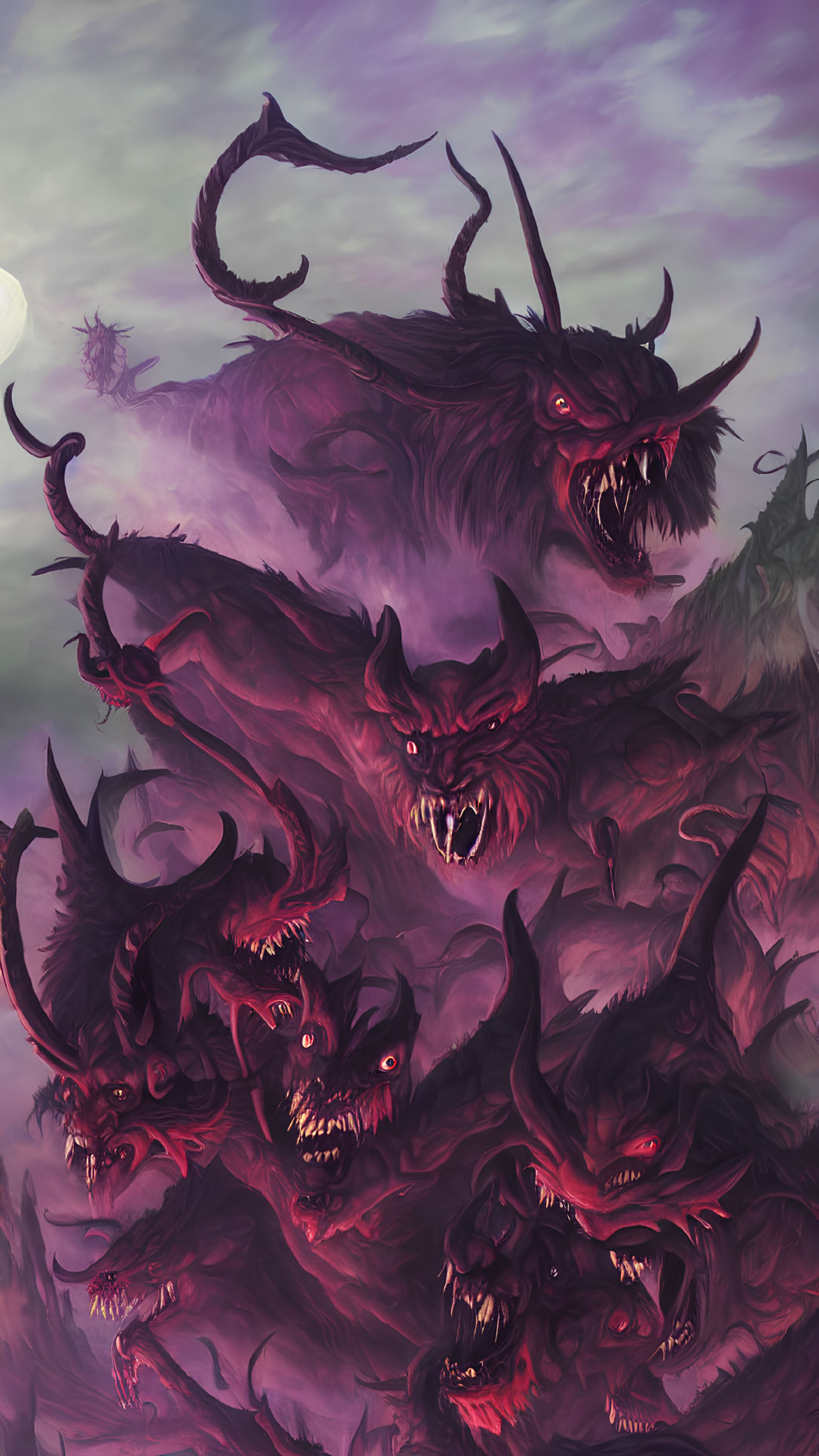 Fantasy illustration of demon-like creatures under purple sky