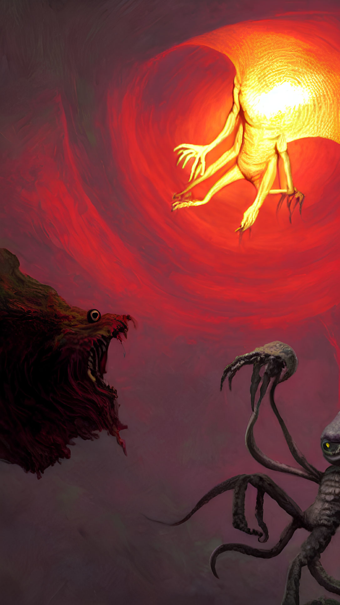 Surreal illustration of glowing sun entity, tentacled creature, and one-eyed beast in red