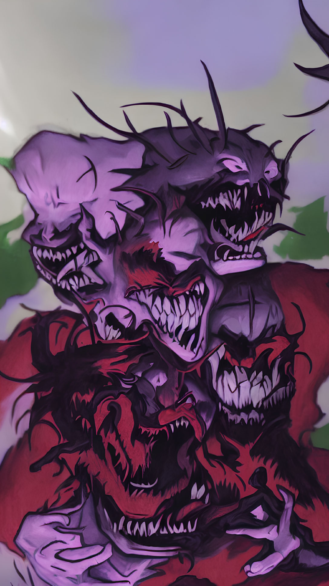 Stack of menacing dragon heads in purple, red, and black