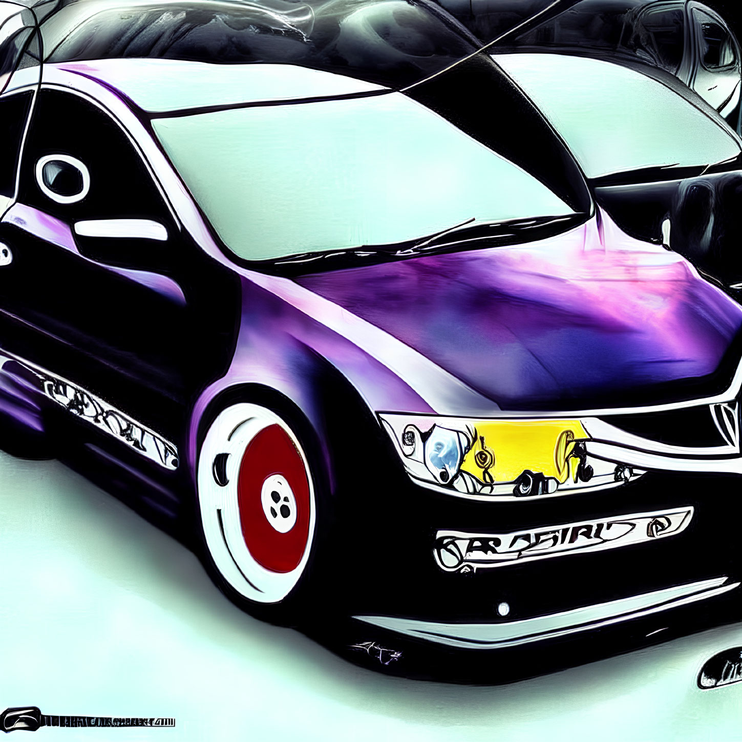 Stylized glossy purple car with custom graphics and red-rimmed front wheel